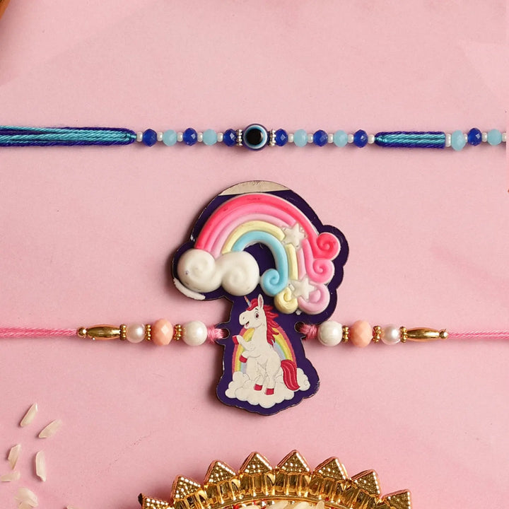Handmade Rainbow & Evil Eye Kids Rakhi With Roli Chawal | Set Of 2