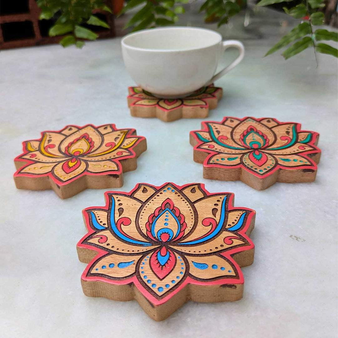 4 pc | Hand-Painted Engraved Mahogany Wood Lotus Kolam Coasters For Coffee Table & Dining Decor