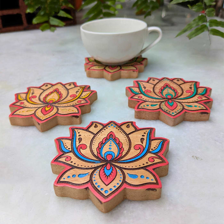 4 pc | Hand-Painted Engraved Mahogany Wood Lotus Kolam Coasters For Coffee Table & Dining Decor