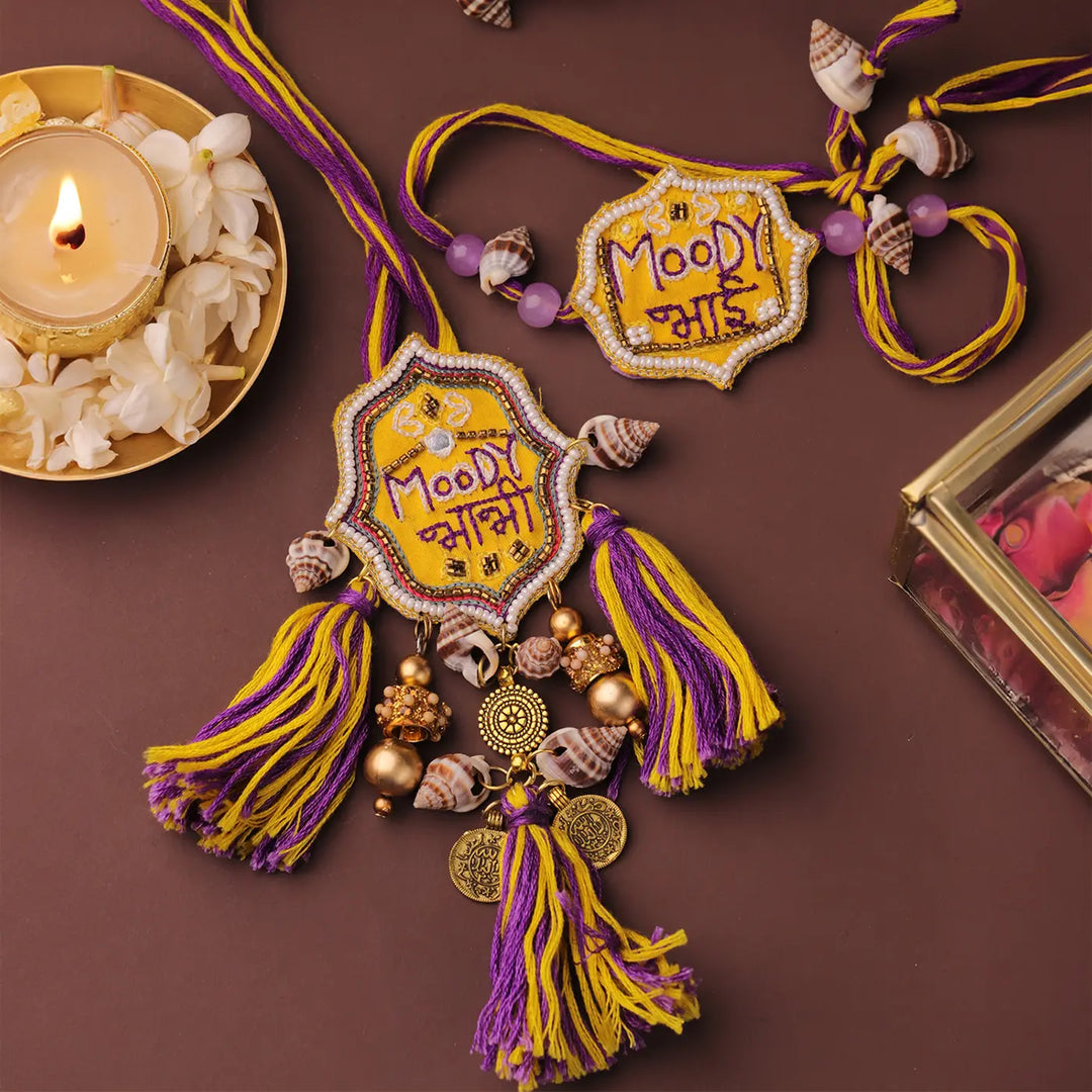 Handmade Embroidered "Moody Bhai & Bhabhi" Bhaiya Bhabhi Rakhi With Roli Chawal | Set Of 2