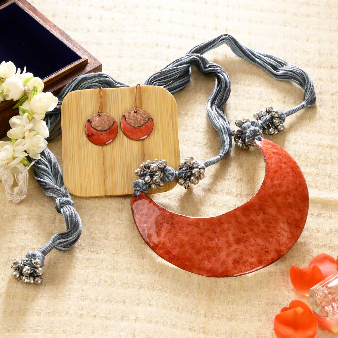 Handmade New Moon Shaped Ghungroo Copper Pendant With Earrings