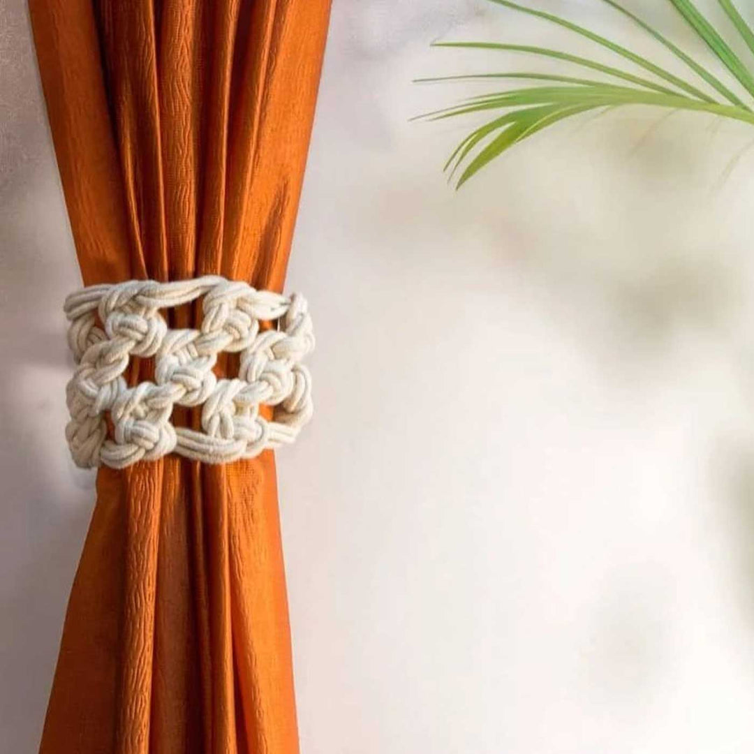 Set Of 2 | Handmade Macrame Knotted Checks Design Cotton Curtain Tie-Back