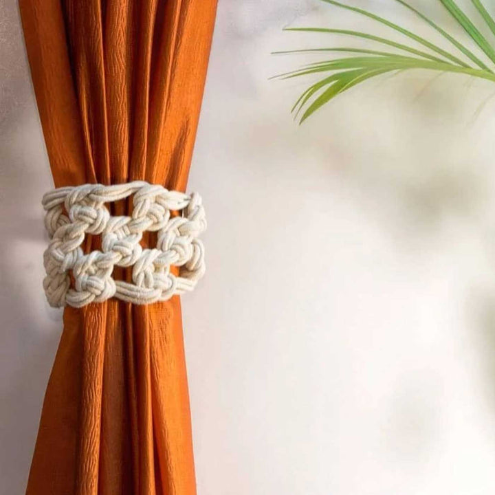 Set Of 2 | Handmade Macrame Knotted Checks Design Cotton Curtain Tie-Back