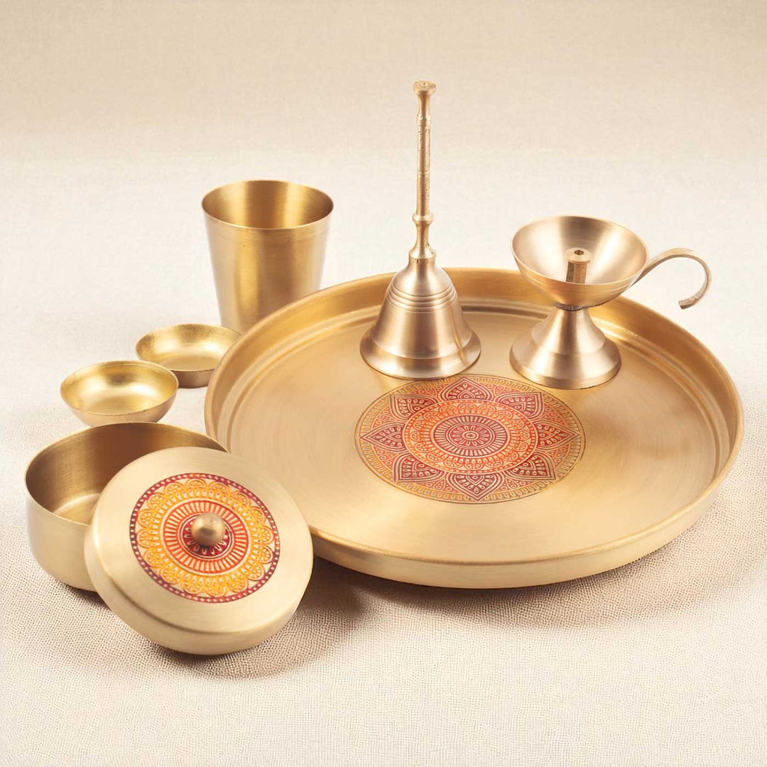 Hand-Painted Bhakti Pujan Brass Gift Hamper | Includes 1 Bell, 1 Diya, 2 Kumkum Katori, 1 Prasad Box, 1 Glass And 1 Pooja Plate