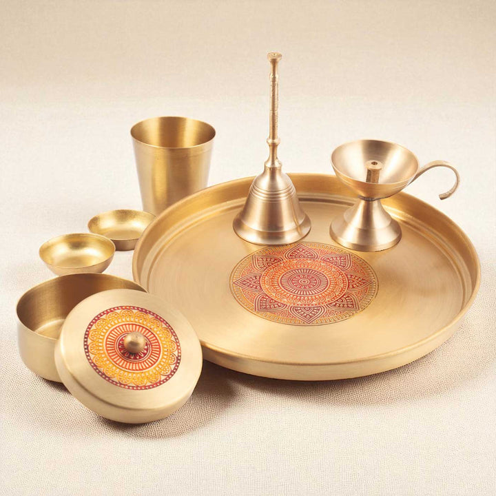 Hand-Painted Bhakti Pujan Brass Gift Hamper | Includes 1 Bell, 1 Diya, 2 Kumkum Katori, 1 Prasad Box, 1 Glass And 1 Pooja Plate