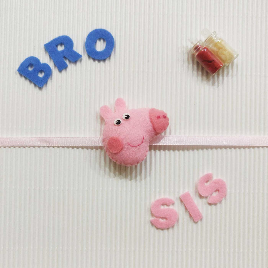 Handmade Peppa Pig Theme Felt Kids Rakhi With Roli Chawal - Styled with BRO and SIS Letters