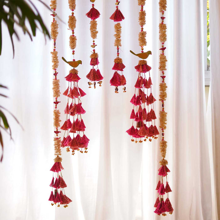 6 Pc | Handmade Parandi Bird Jute Wall Hanging Strings in Different Lengths With LED Lights & Shola Accents