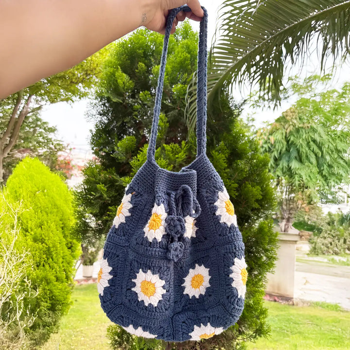 Handmade Crochet Blue Daisy Flower Design Cotton Tote Bag