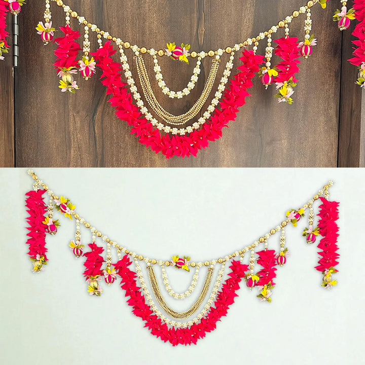 Handmade Beaded Rani Pink Gajra With Moti Toran