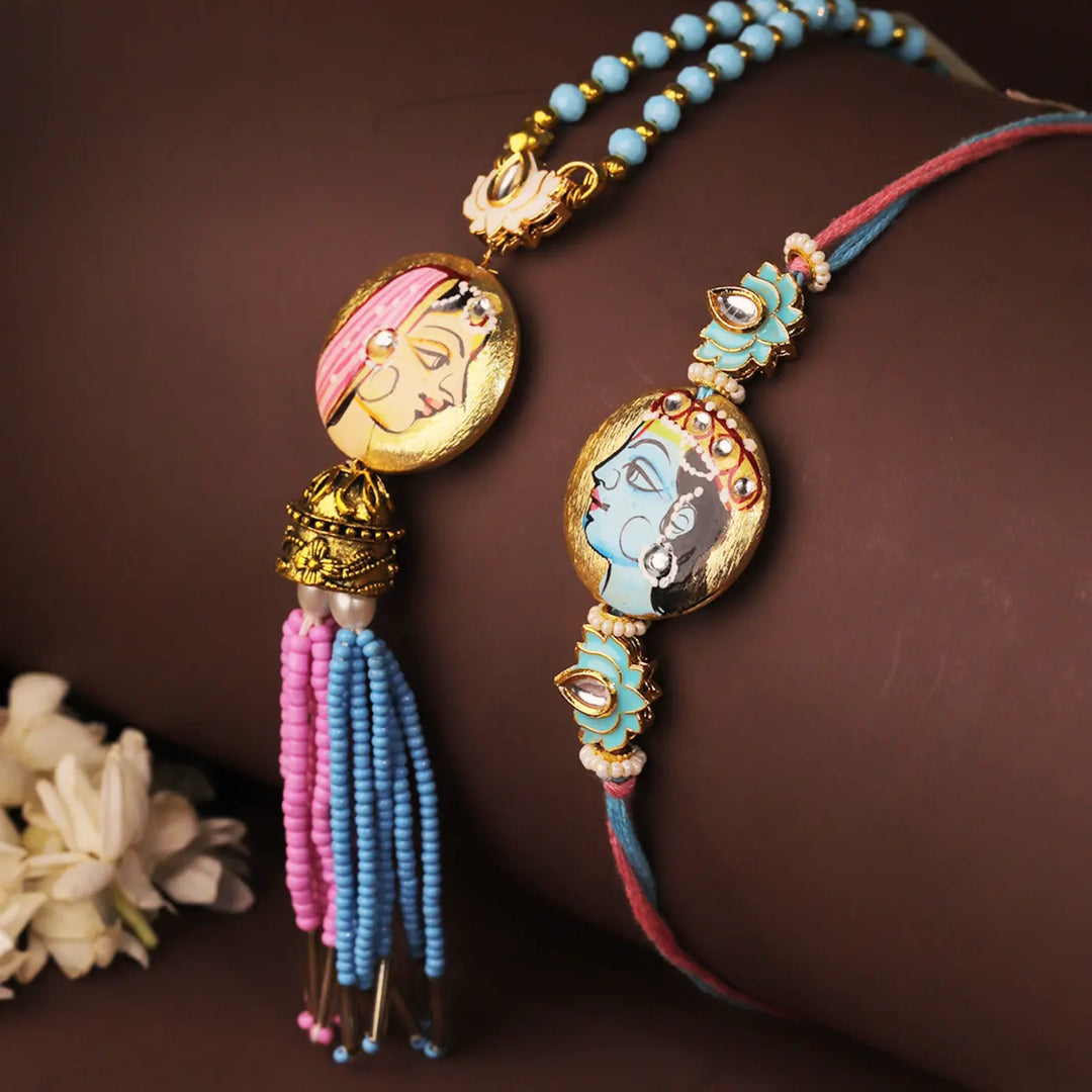 Handmade Beaded Radha Krishna Bhaiya Bhabhi Rakhi With Roli Chawal | Set Of 2
