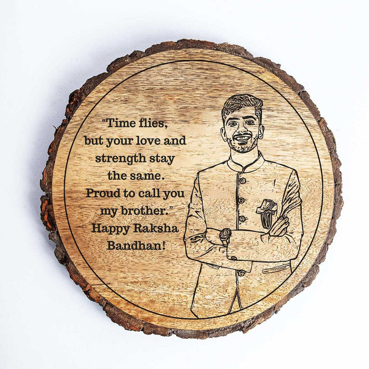 Photo Personalized Engraved Bhai Theme Wooden Decorative Plaque Rakhi Hamper Includes 1 Rakhi 1 Plaque 1 Chocolate 1 Card And 1 Rakhi Plate - Front View of Engraved Wooden Plaque