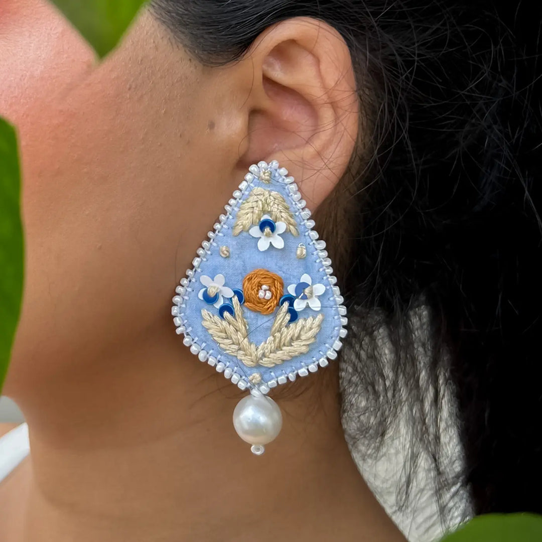 Hand Embroidered Beaded Light Blue Drop-Shaped With Pearl Drop Cotton Earrings