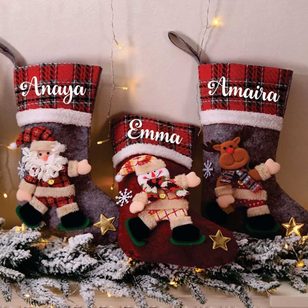 Personalized Plaid Band Linen & Fur Stockings For Christmas Decoration