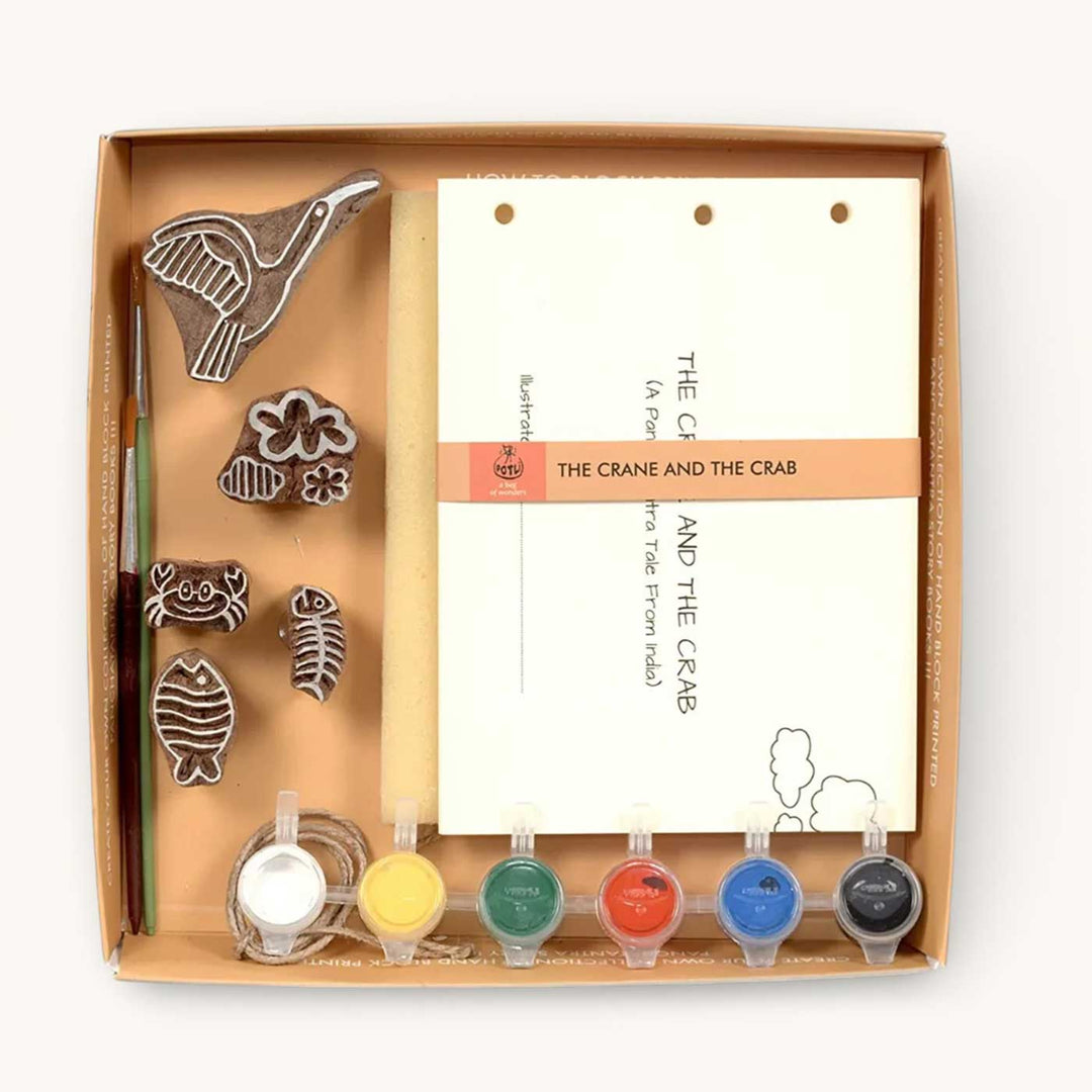 The Crane and Crab Panchatantra Block Printing DIY Kit | 5 Stamps, Poster Colours, Painting Brush, Printing Pads, Story Cards  And Jute String