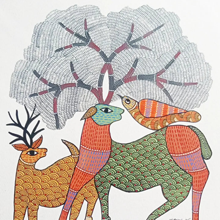 11 x 16 Inch | Wildlife & Nature | Original Hand Painted Tribal Gond Art Painting | Acrylic Paint On Paper