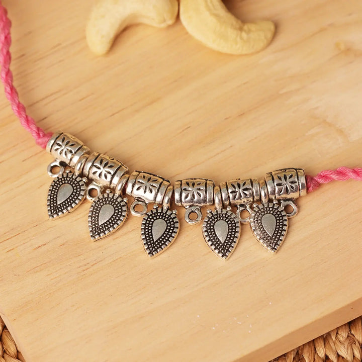 Handmade Silver Leaf Charm Rakhi With Roli Chawal
