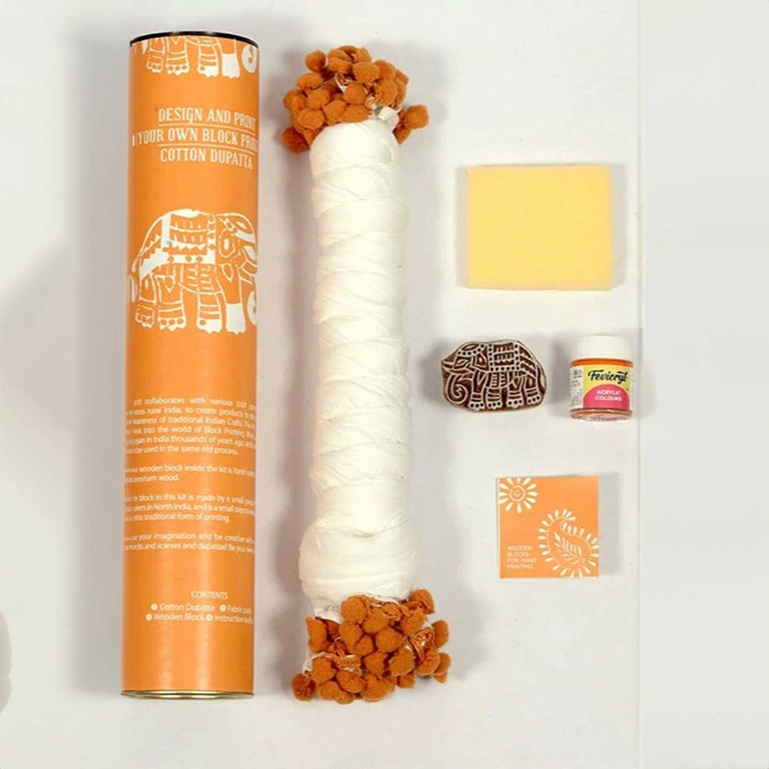 Orange Elephant Dupatta Block Print DIY Kit | Includes 1 White cotton dupatta, 1 Fabric paint, 1 Wooden block And 1 Sponge