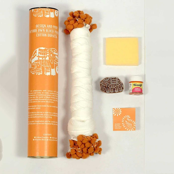Orange Elephant Dupatta Block Print DIY Kit | Includes 1 White cotton dupatta, 1 Fabric paint, 1 Wooden block And 1 Sponge