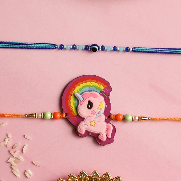Handmade Unicorn & Evil Eye Kids Rakhi With Roli Chawal | Set Of 2