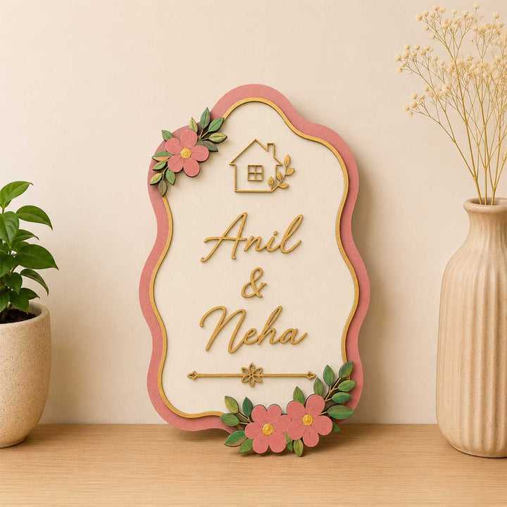 "Pastel Flower" Handcrafted Personalized Wooden Name Plate For Home
