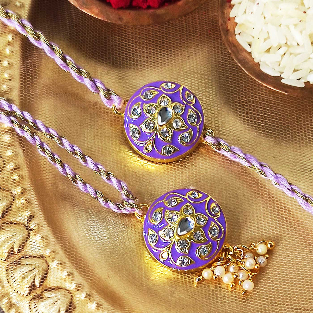 Handmade Meenakari Purple Buta Brass Bhaiya Bhabhi Rakhi With Roli Chawal - Decorative Rakhi on Festive Plate