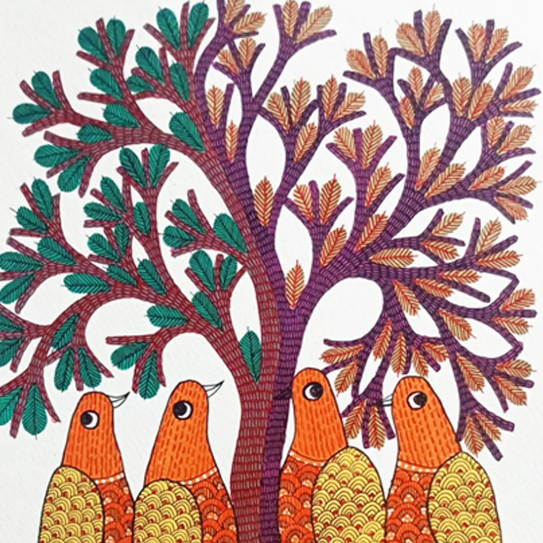 11 x 16 Inch | Birds & Tree | Original Hand Painted Tribal Gond Art Painting | Acrylic Paint On Paper