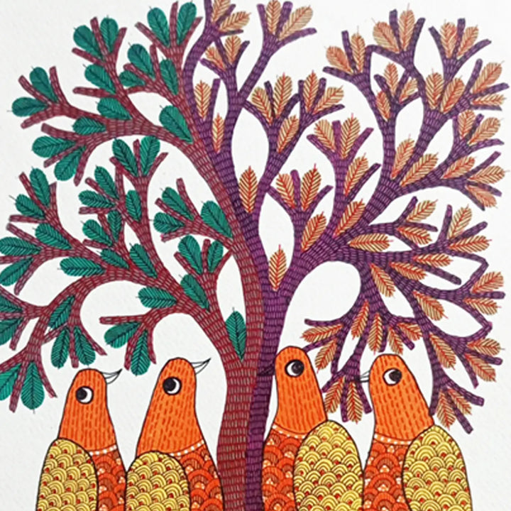 11 x 16 Inch | Birds & Tree | Original Hand Painted Tribal Gond Art Painting | Acrylic Paint On Paper