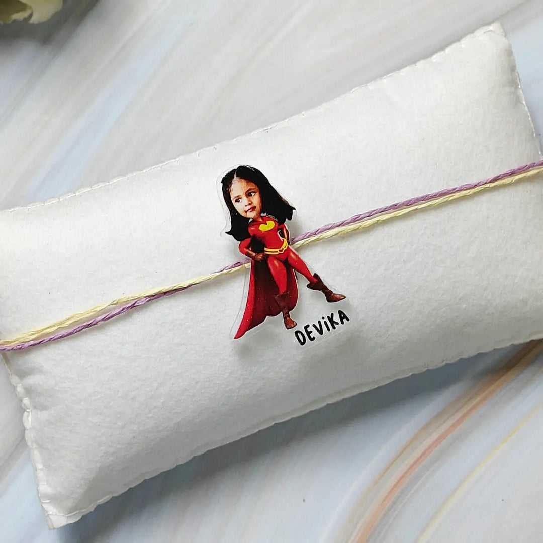 Photo Personalized Reusable Caricature Super Girl Theme Acrylic Kids Rakhi