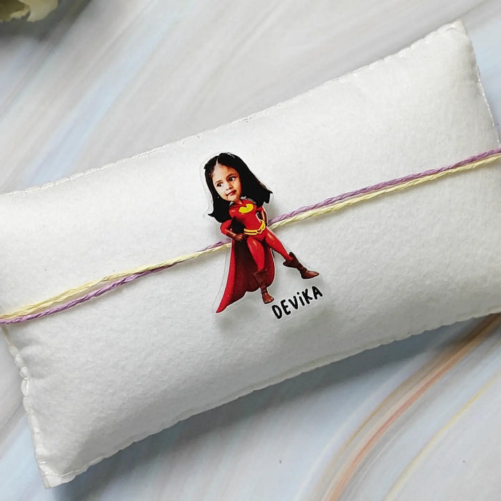 Photo Personalized Reusable Caricature Super Girl Theme Acrylic Kids Rakhi