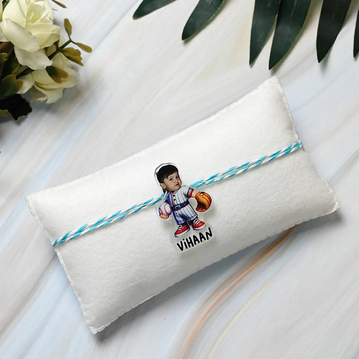 Photo Personalized Reusable Caricature Rugby Theme Acrylic Kids Rakhi