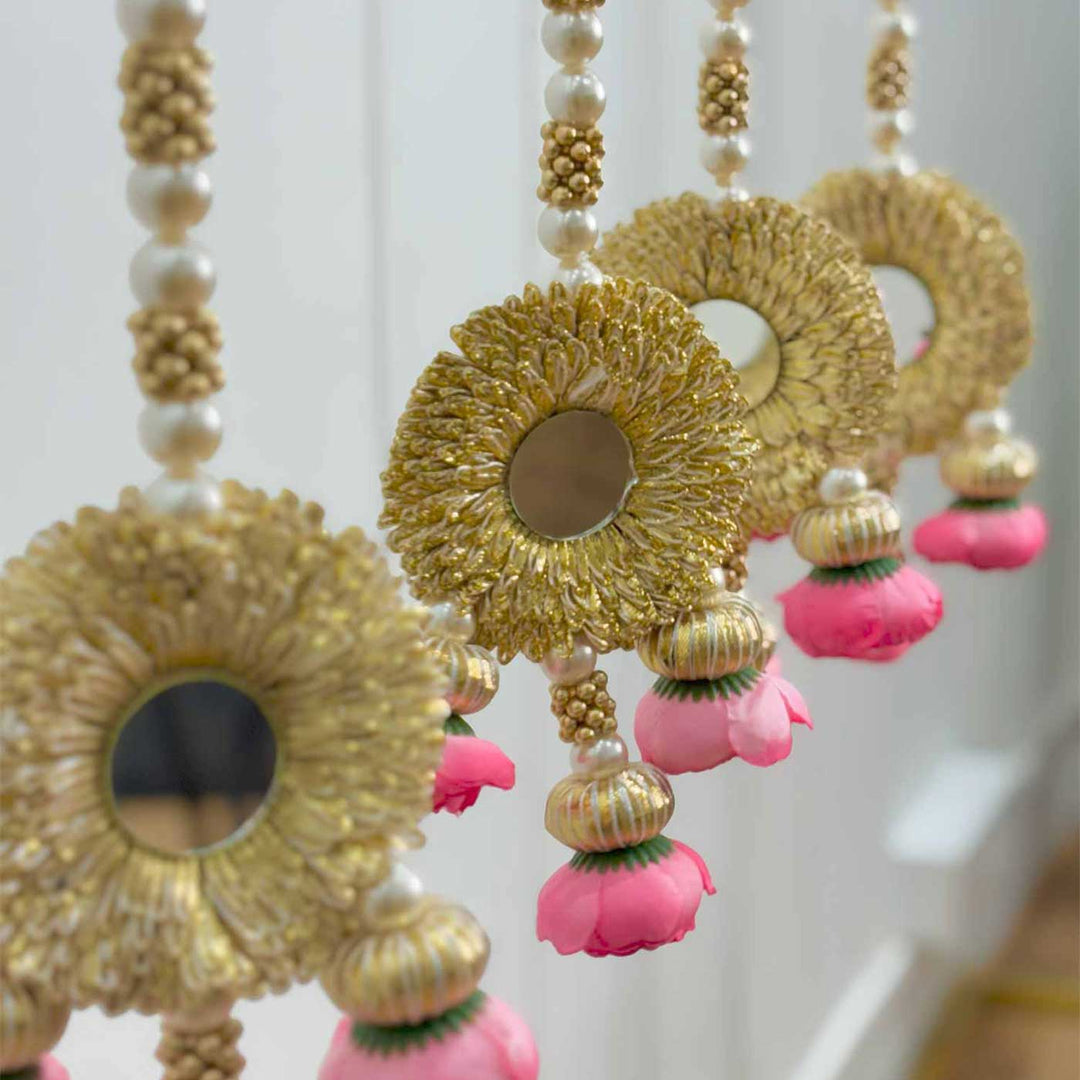 Handcrafted Pink Rose And Mirror Tassel Door Hangings With Pearls, Bells And Gold Bead Detailing