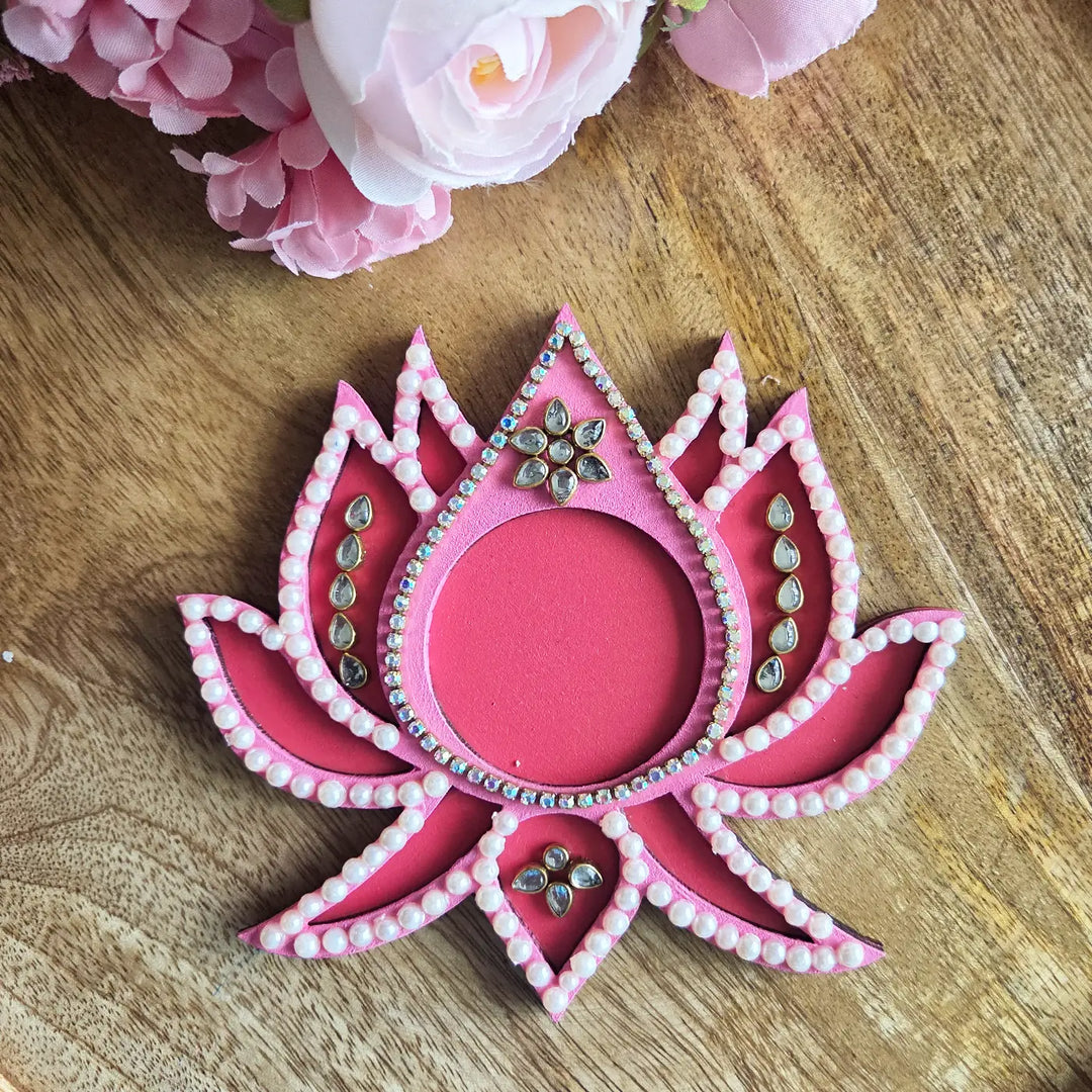 Hand-Painted Beaded Pink Lotus MDF Wood Tealight Holder