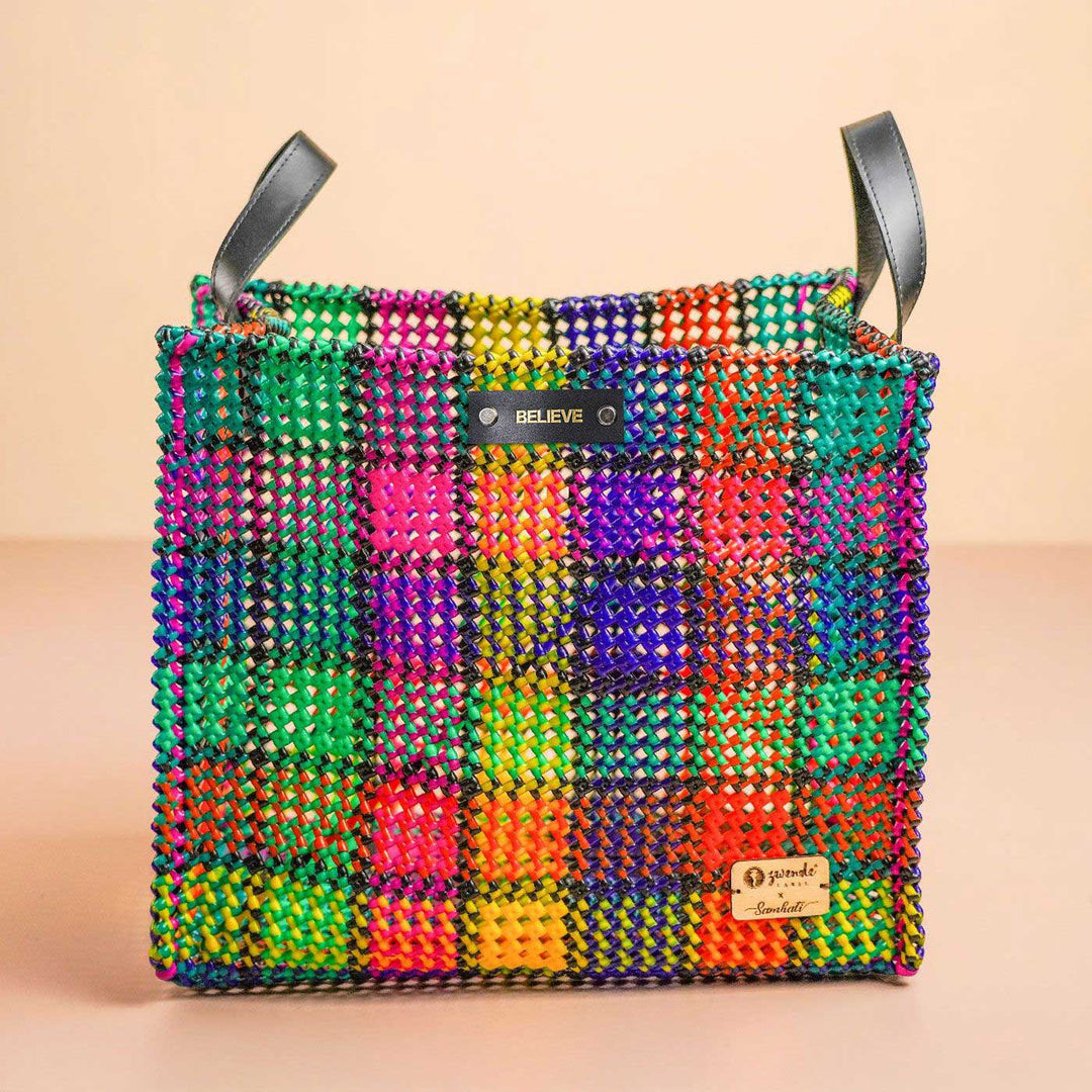 Multicolour Checked Mukhya Knot Handmade Koodai Storage Basket