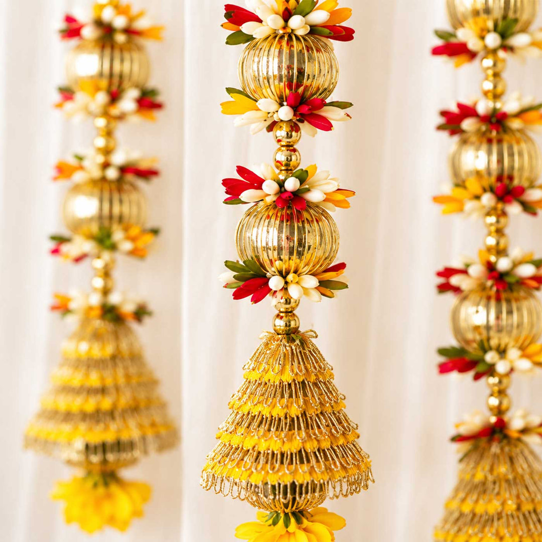 Handcrafted Yellow Cone Tassels With Gold Threadwork Door Hangings