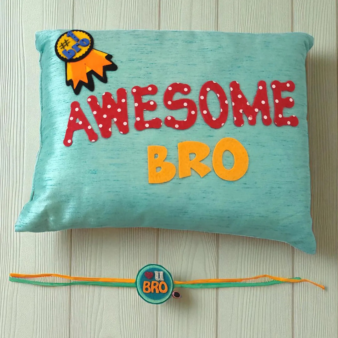 Handmade "Awesome Bro" Felt Rakhi Hamper With Roli Chawal | Includes 1 Pillow, 1 Rakhi