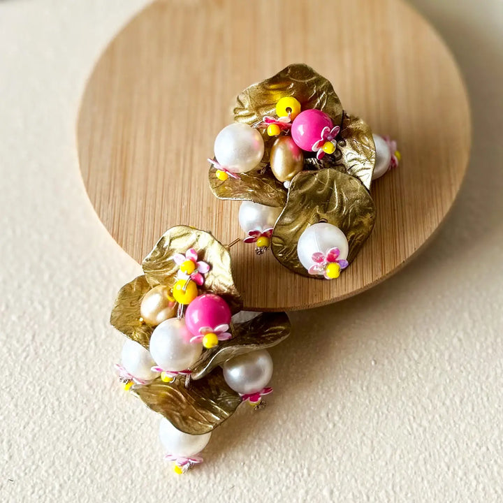 Hand Embroidered Beaded Gold Metal Embellishments Cotton Earrings