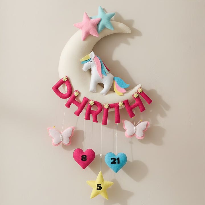 Hand-stitched Unicorn Themed Felt Moon Nameplate with Birthdate