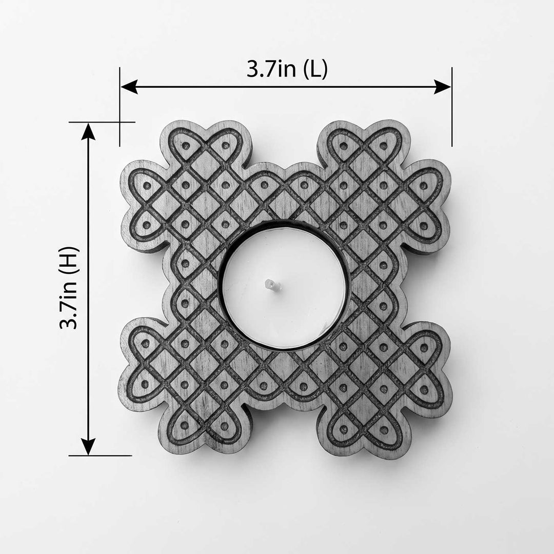 4 pc | Cross Lattice Hand-Painted Engraved Mahogany Wood Kolam Tealight Holders