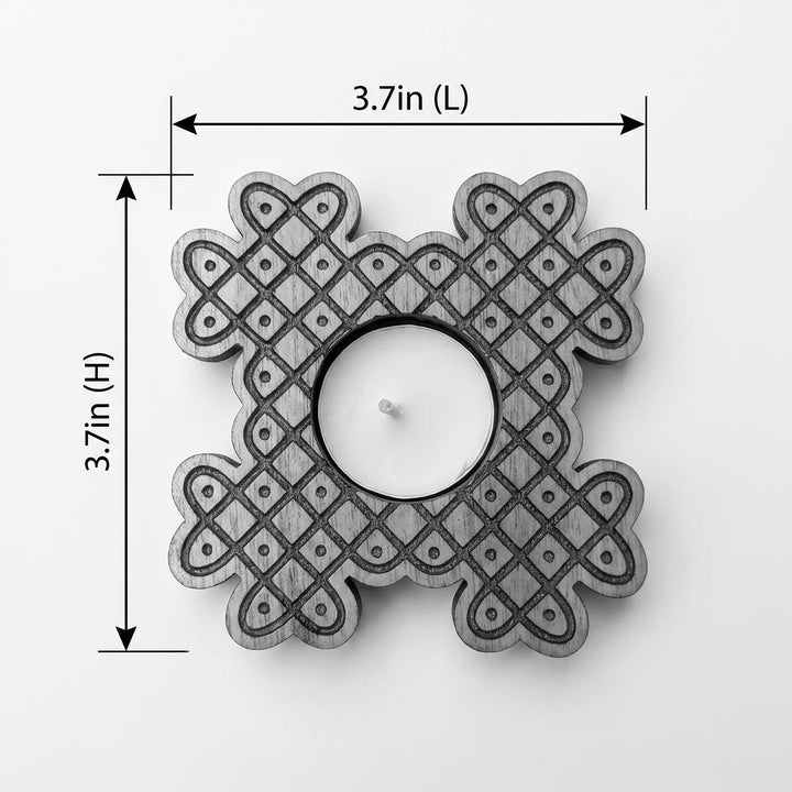 4 pc | Cross Lattice Hand-Painted Engraved Mahogany Wood Kolam Tealight Holders