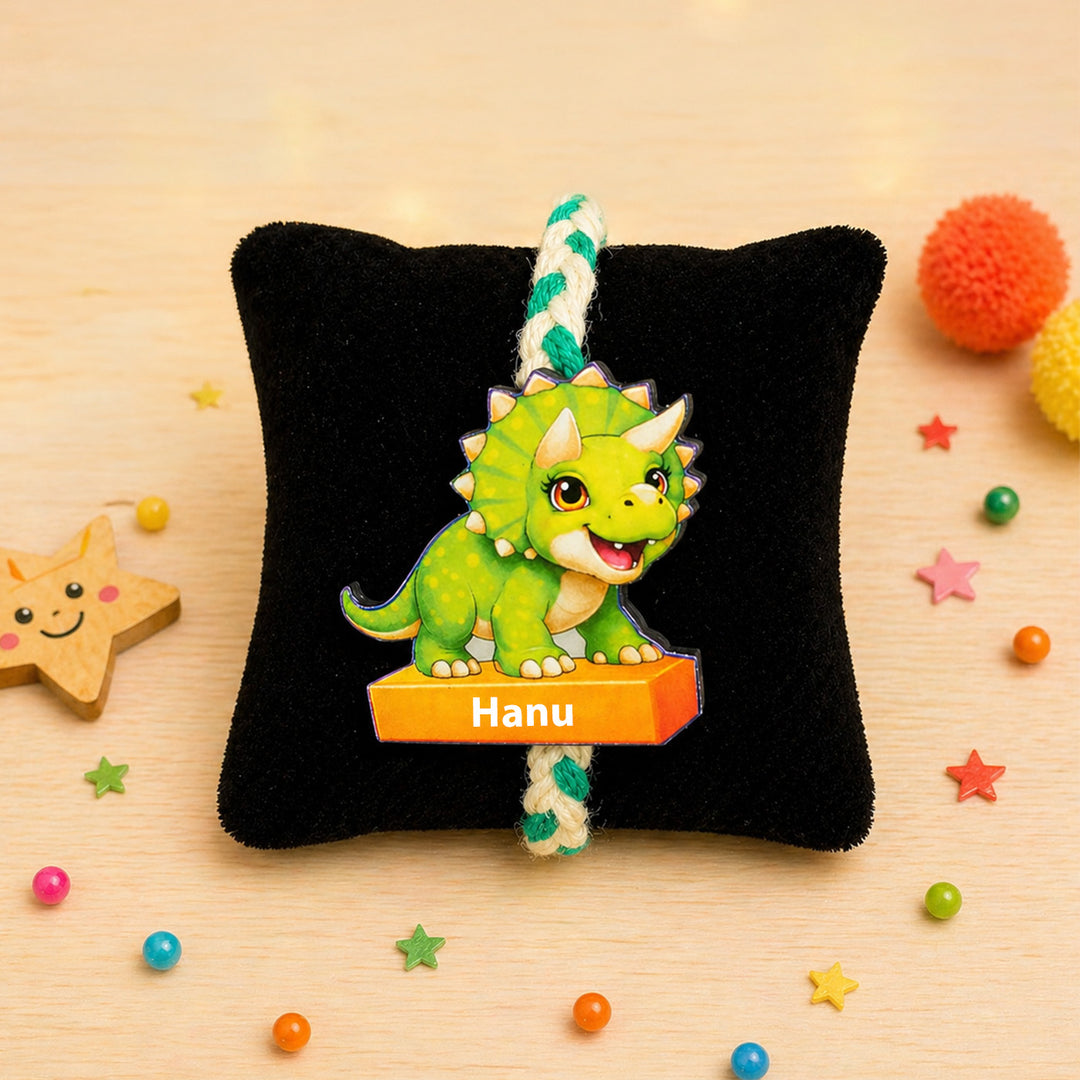 Personalized Reusable Triceratops Dino MDF Wood Rakhi With Roli Chawal
