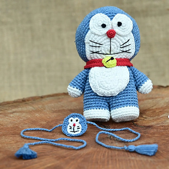 Handmade Crochet Doremon Theme Rakhi Hamper With Roli Chawal | Includes 1 Toy, 1 Rakhi