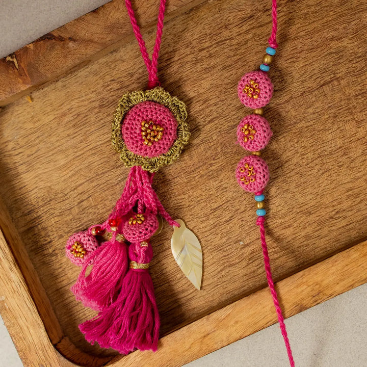 Handmade Crochet Gulabi Jhalar Bhaiya Bhabhi Rakhi With Roli Chawal Set Of 2 - Close-up of Crochet Accent