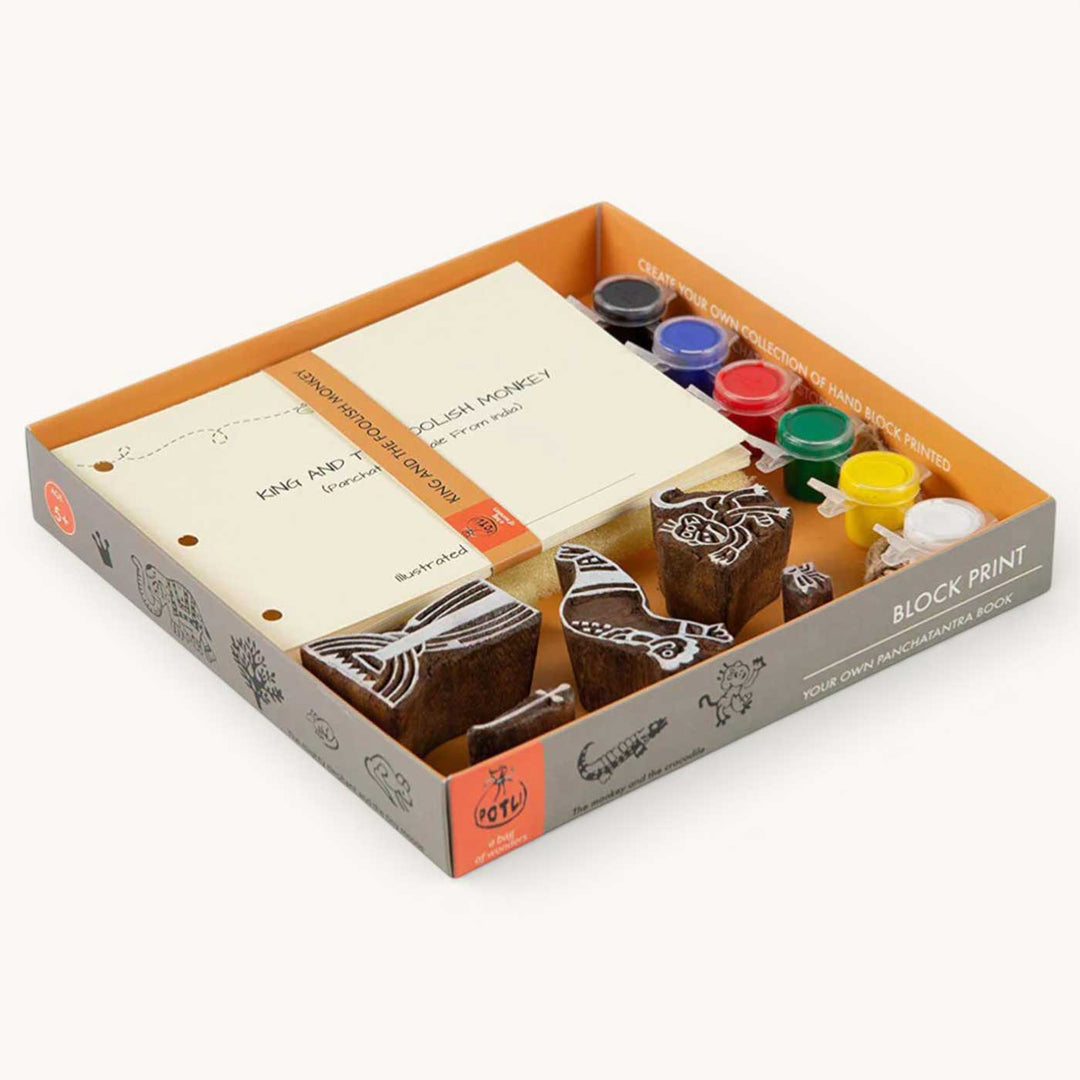 King And The Foolish Monkey Panchatantra Block Printing DIY Kit | 5 Stamps, Poster Colours, Painting Brush, Printing Pads, Story Cards  And Jute String