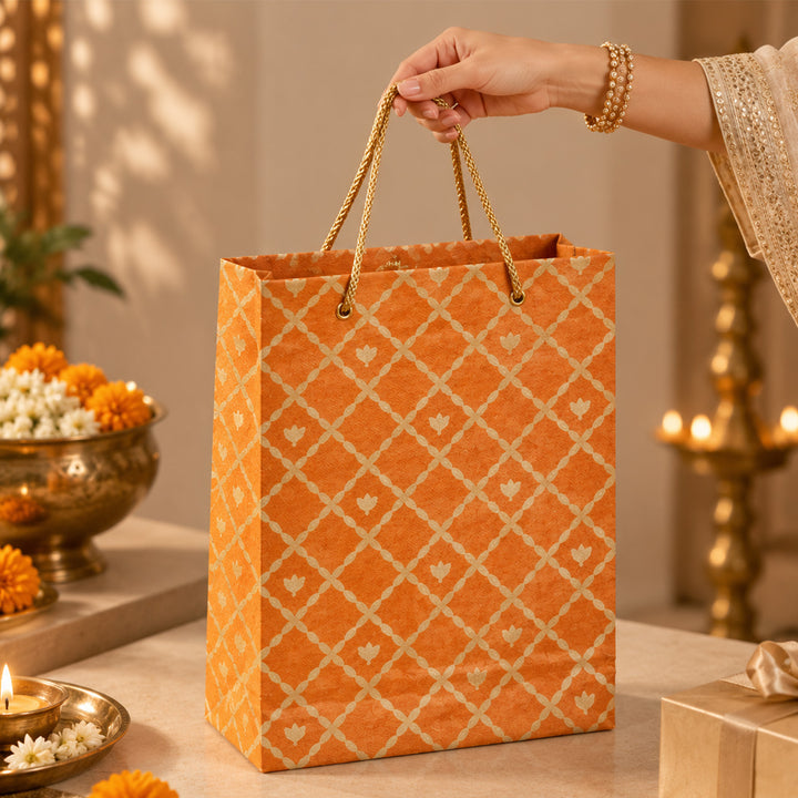 "Box Flower Maze" Handmade Golden Screen Printed Small Paper Bag For Festive Gifting