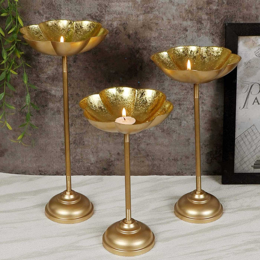 Set Of 3 | Handmade Gold Big Flower Iron Oil Lamp / Diya For Festive Decor