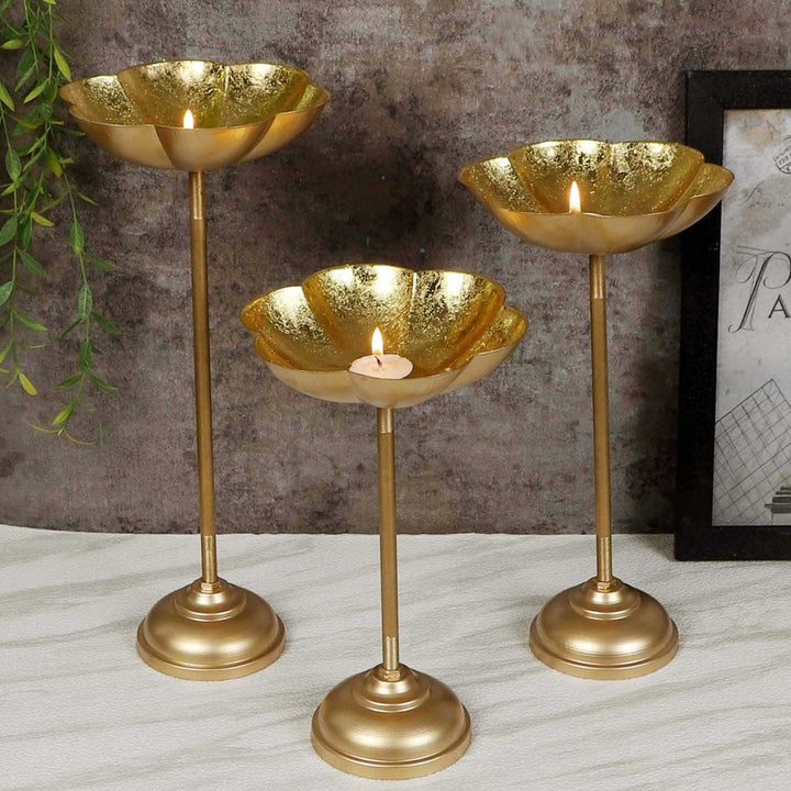 Set Of 3 | Handmade Gold Big Flower Iron Oil Lamp / Diya For Festive Decor