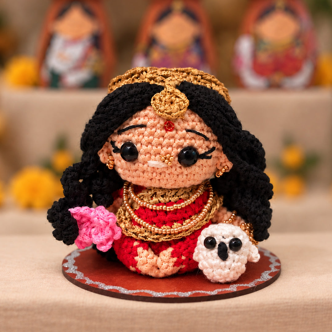 Handmade Crochet Lakshmi Idol Cotton Golu Doll With Zari Mukut For Festive Decor