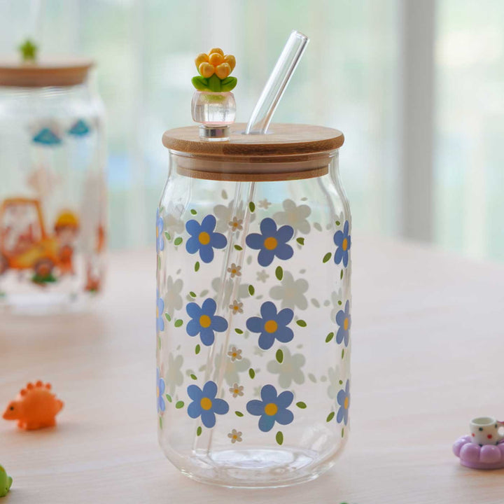 Cute Printed "Floral" Theme Glass Tumbler With Straw For Kids