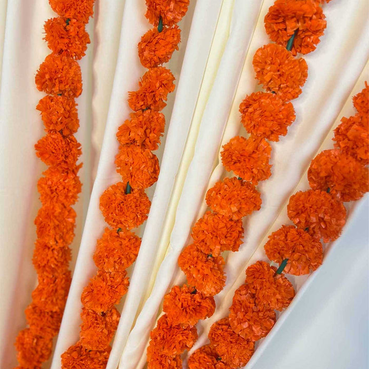 Orange Marigold Garland Backdrop Decor Kit With Stand & Off-White Drapes