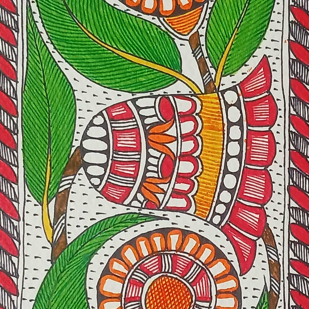 16 x 6 Inch | Flowers & Leaves | Original Hand Painted Madhubani Painting | Acrylic Paints On Paper